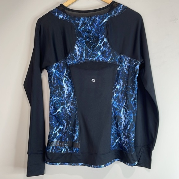 Reitmans Hyba Activewear Long Sleeve Top Blue Black Marble Mesh Thumb Holes M - Picture 9 of 14